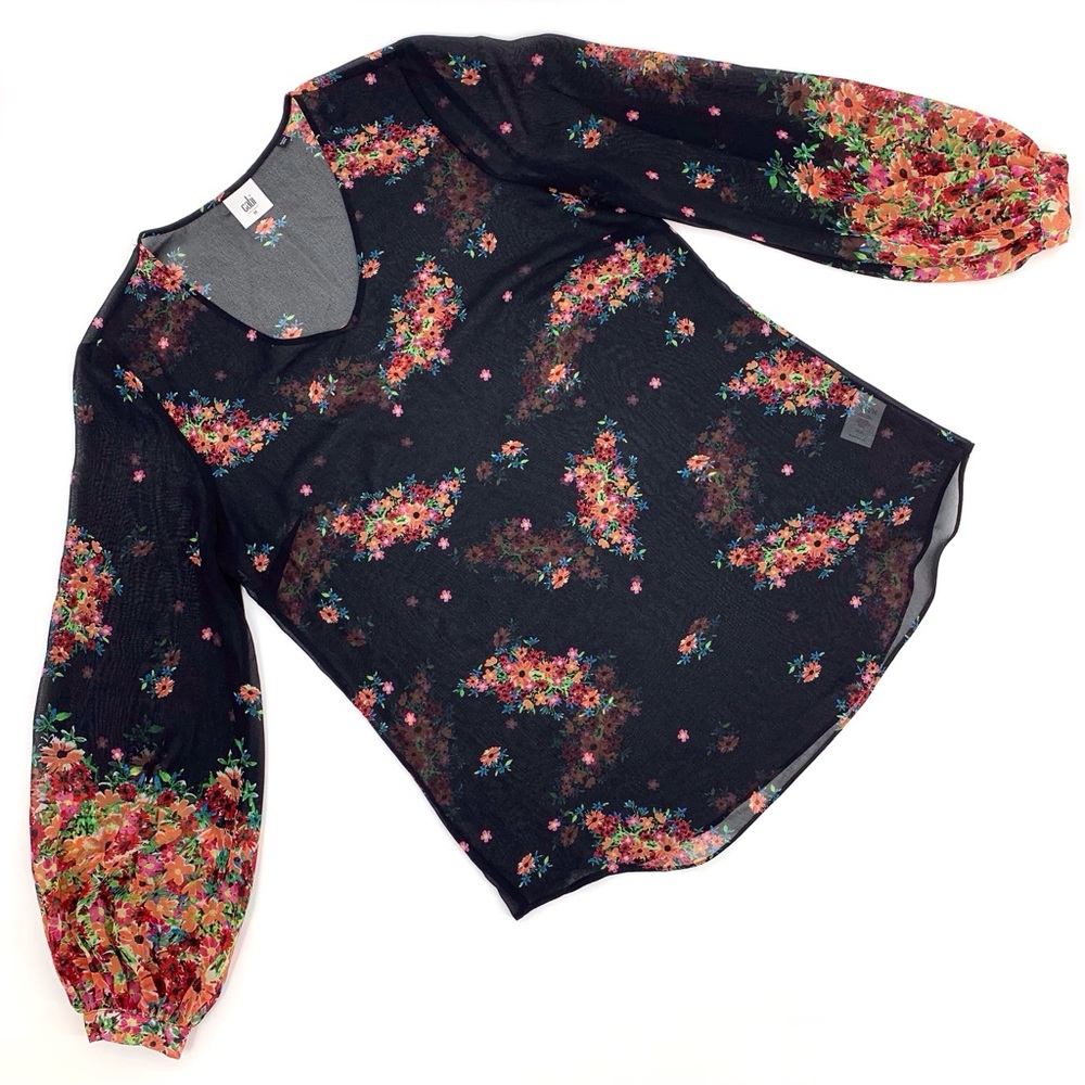 Cabi Blooming Blouse #3594, Floral Print Sheer Long Sleeve V-Neck Top, Medium